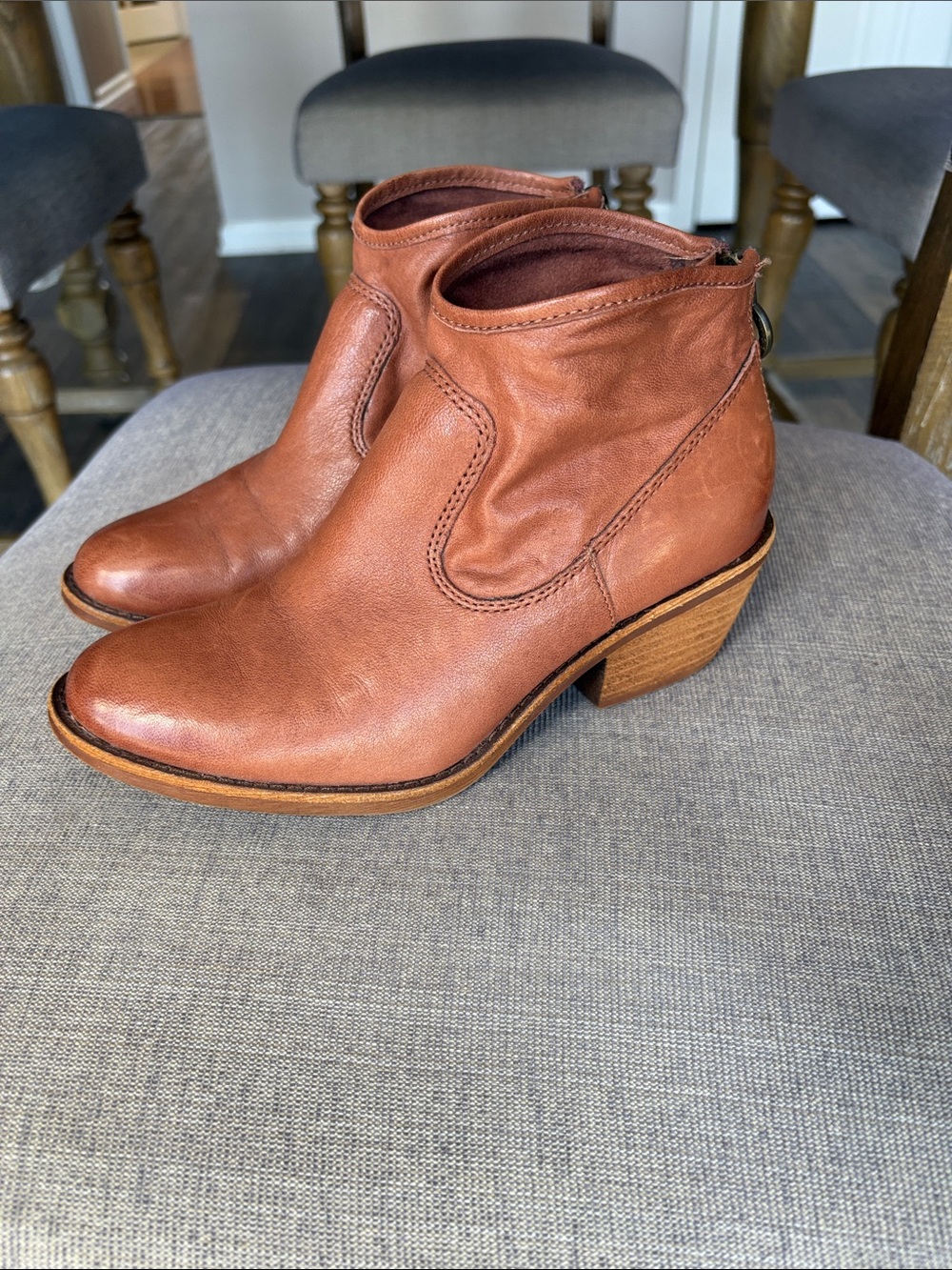Sofft Cognac Leather Ankle Booties with Stacked Heel